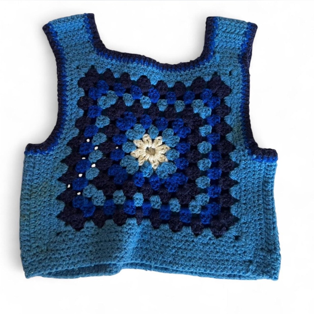 Vintage Handmade Crochet Blue Hued Knit Square Vest/Tank W/ White Flower Center.